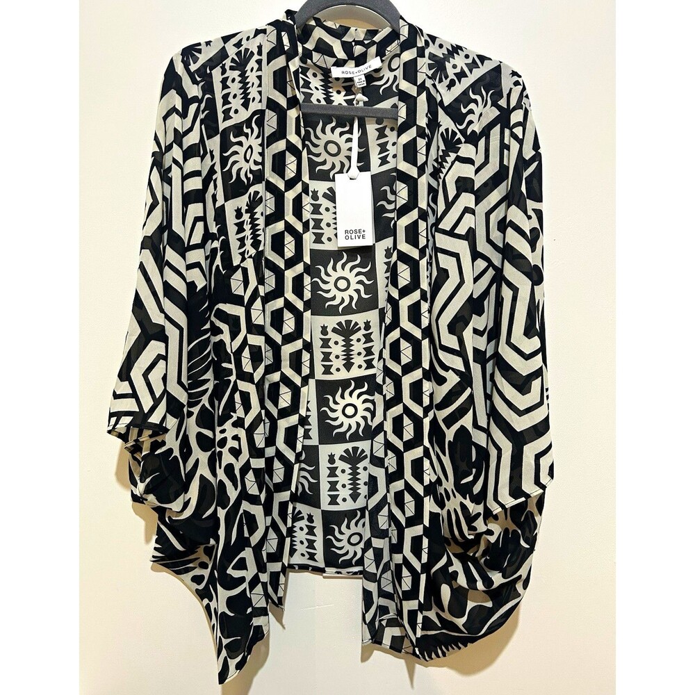 ROSE+OLIVE Women's Geometric Open Front Kimono V-Neck Top  2X Black/White